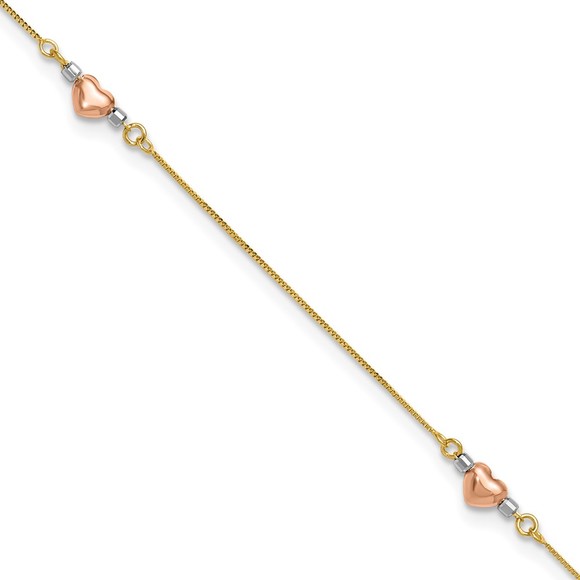 14k Tri-Color Puffed Heart Charm 9" or 10" Plus 1" ext Summer Jewelry Anklet - Picture 1 of 7